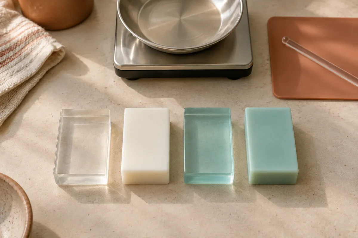 Patru mostre egale de săpun: transparent simplu, alb simplu, transparent turcoaz și turcoaz pastel.