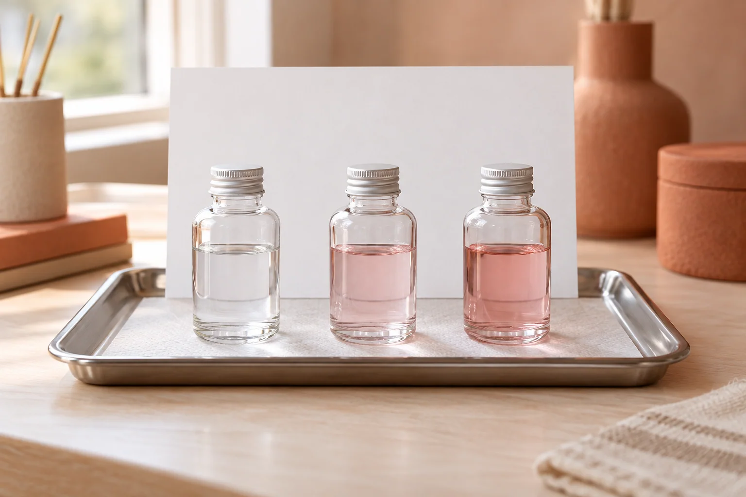 Trei flacoane transparente închise cu lichid incolor și două nuanțe discrete de roz, pe o tăviță de atelier.